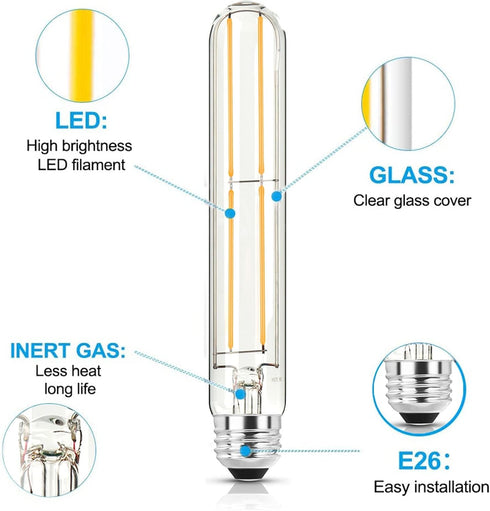 7.3 Inch E26 Bulb 6W Dimmable, 5000K Bulbs 800LM, 80 T10 T9 Bulb 4Pack Led Daylight Edison Equal Watt Tubular Long