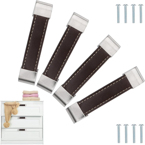 Leather Drawer Pulls and Knobs, 4 Pcs Vintage Soft Cabinet Knobs for Dresser Drawers and Kitchen Cupboards