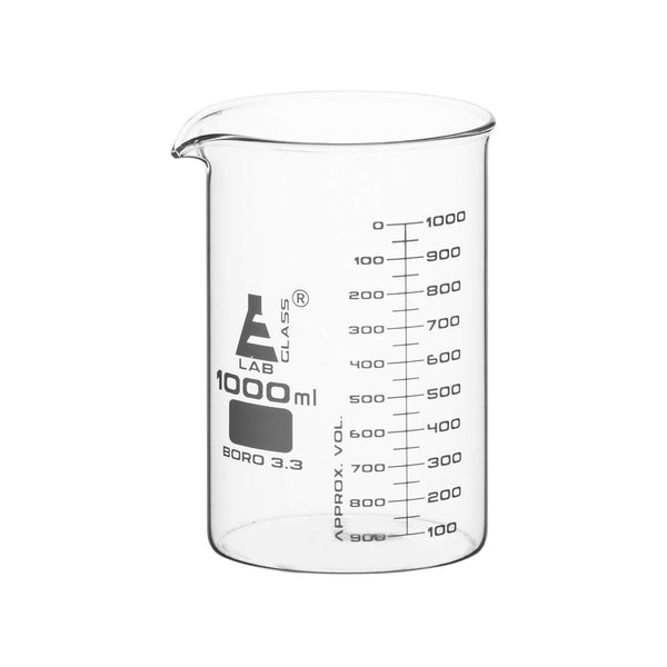 EISCO Beaker, 1000ml Low Form with Spout, ASTM, Dual Scale, White Graduations, Borosilicate 3.3 Glass