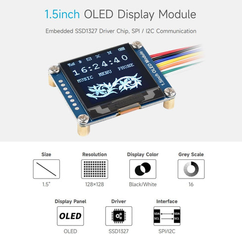 waveshare 1.5inch 128x128 16-bit Communicating I2C OLED Display Module Pixels Grey Level with Embedded Controller via