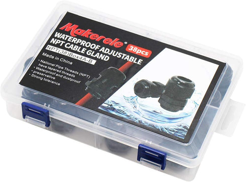 MAKERELE Waterproof NPT Cable Glands Kit, Adjustable Nylon 38pcs Black Strain Relief Cord Connectors with Gaskets 1/4
