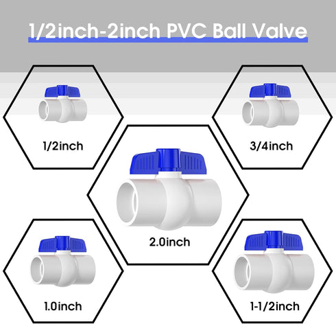 2PCS 2" PVC Ball Valve, SCH40 Slip PVC Water Pipe Valve with Easy Turn Blue T-Handle