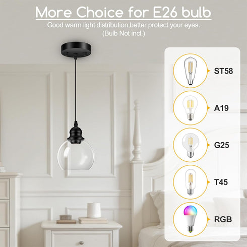 71 Inch Fixture(E26 Bulb) Pendant Lights Kitchen Island, Black Pendant Light with Glass Lampshade, Adjustable Hanging