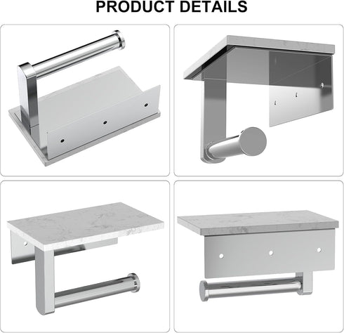 304 Toilet Paper Holder with Marble Shelf, Stainless Steel Tissue Hand Holder Wall Mounted Toilet Paper Roll Hold