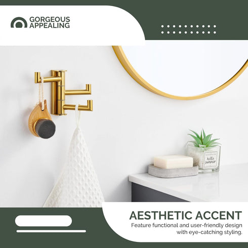 Angle Simple 3 Arms Towel Hook, Brushed Gold 304 Stainless Steel Swivel Triple Towel Holder, Wall Mount