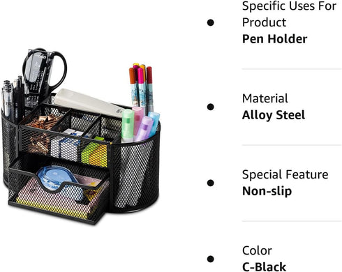 deli Black Mesh Desk Organizer with Drawer, Metal Stationary Caddy, 8 Compartments for Office Desktop Storage