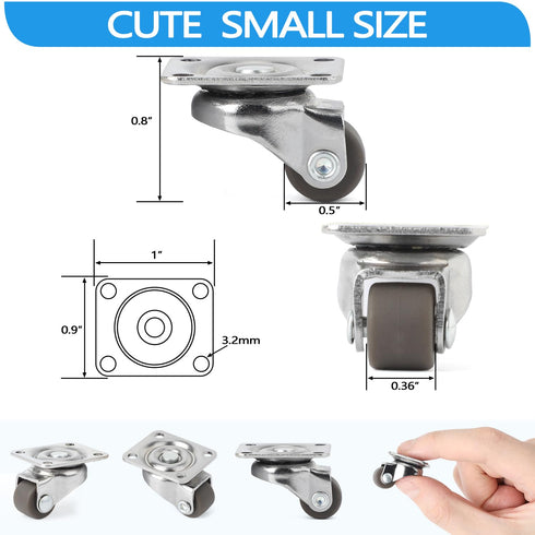 8Pcs Small Caster Wheels, 1/2inch Mini Swivel Self Adhesive Wheels for Furniture, Kitchen Appliances, Projects