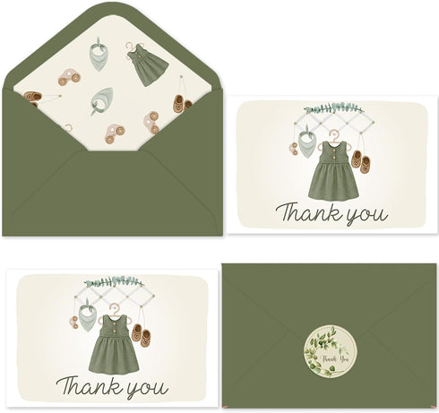 50 Pack Sage Green Baby Shower Thank You Cards with Envelopes for