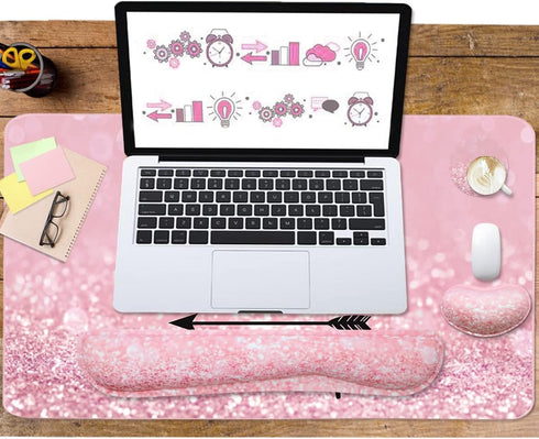Large Mouse Pad and Keyboard Wrist Rest, 4-in-1 Gaming Desk Pad with Wrist Support for Home Office Study Game-Pink