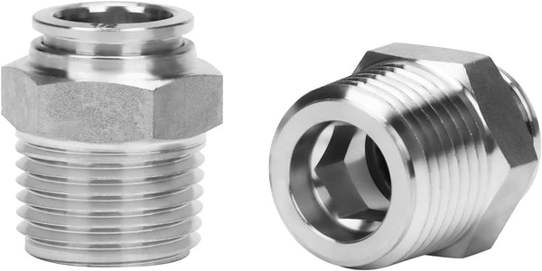 Push to Connect Fitting, 304 Stainless Steel Male Straight 1/2" Tube OD x 1/2" NPT Thread, Pack of 2