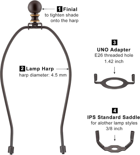 Bronze Lamp Shade Holder with Lamp Finials - 10 Inch, 2 Set Lamp Harp with 3/8 Standard Saddle, E26 Light Base UNO Fitter Adapter, Lamp Hardware for Table and Floor Lamps, Lamp Accessories and Parts by Qc