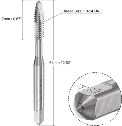 uxcell Spiral Point Threading Tap 10-24 UNC, HSS (High Speed Steel) Machine Thread Screw Tap 3 Straight Flutes Uncoated Tapping Tool H2 Tolerance