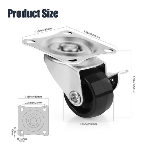1" Low Profile Caster Polypropylene Wheels Set of 4, No Noise Casters for Furniture, Small Rectangle Swivel Caster with 360 Degree Top Plate 22 lbs Weighs Capacity Each Caster, with Brake