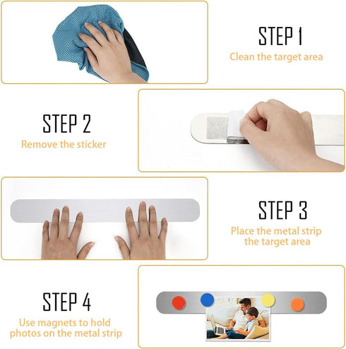 Stainless Iron Strips Bulletin Bar Board Adhesive Frameless Magnetic Strip with 10 Colorful Magnets and 8 Adhesive Tape