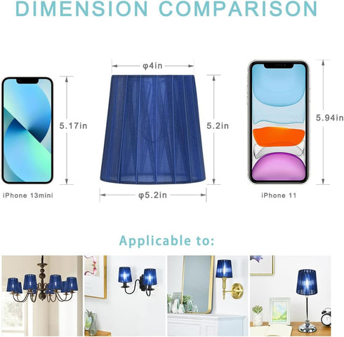 Shades,Set 6,Small Barrel,5.2"4"H5.2", BULB,Navy LAMPWELL KORA Clip-on Chandelier Lamp of Organzy Ribbon