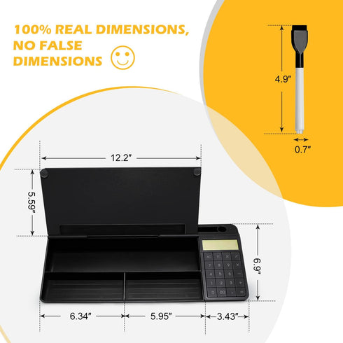 Desktop Glass Whiteboard with Calculator, Black Dry Erase Board Surface, Desk Organizers with Accessories