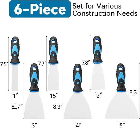 Cnnzdo 6 Pack Set Spackle (1", 1.5", 2", 3", 4", 5") Putty Knife Stainless Steel & Paint Scrapers | Flexible Metal
