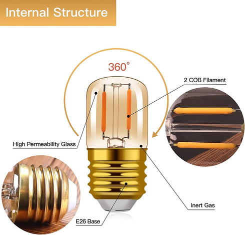 1W Low Wattage LED Edison Night Light Bulbs, T28 Mini Vintage, 10W Incandescent Equal, E26 Medium Base, 6 Pack