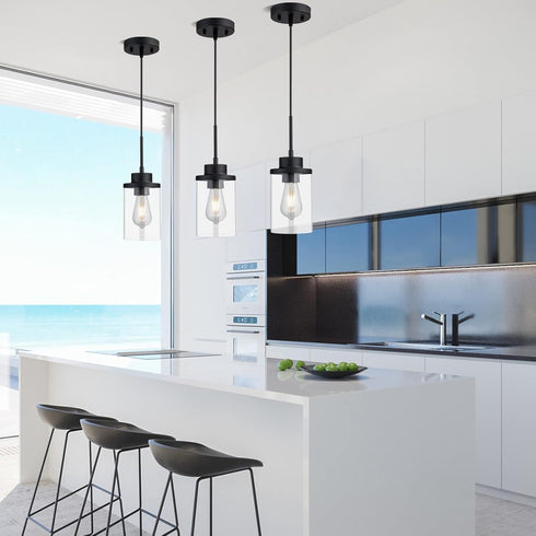 Modern Black Farmhouse Clear Glass Cylinder Pendant Light Fixture,Ceiling Hanging Metal Industrial Mini Pendant