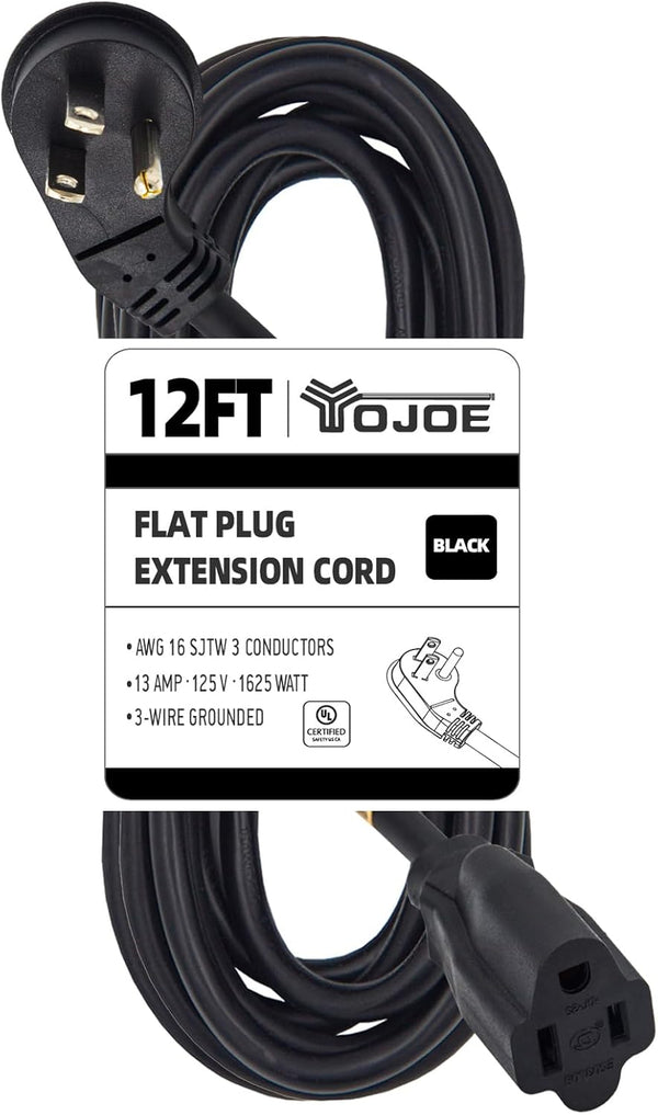 YOJOE 12ft Flat Plug Extension Cord, 3 Prong Heavy Duty 16/3 SJTW for Kitchen, Office, Appliance, UL Listed, Black