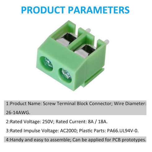 Green 20PCS 2P 2 Pin Screw Terminal Block Connector, 5mm Pitch for Arduino, 8A 250V