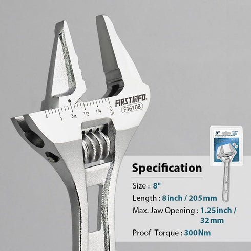 FIRSTINFO F36108 Adjustable Wrench | 8" Hookable Deep Throat | 1-1/4 inch Wide Jaw Opening | Chrome-Vanadium Steel