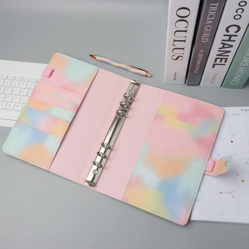 Pink PU Leather Budget Binder Cover for A5 6-Ring Money Organizer, Refillable Loose Leaf Receipt Notebook with Card