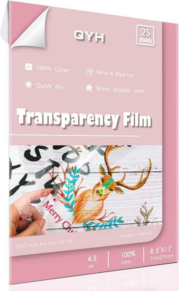 QYH Transparency Film Paper, Clear for Overhead Projector Transparencies and Inkjet Screen Prints, 8.5 x 11, 25 sheets