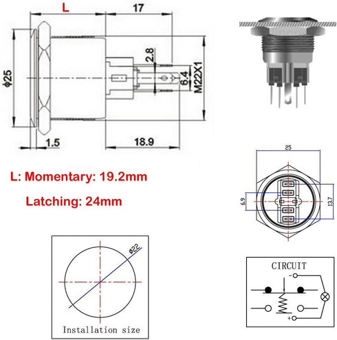 WerFamily 22mm Momentary Push Button Switch 1NO 1NC SPDT ON/OFF Waterproof Stainless Steel with Green LED
