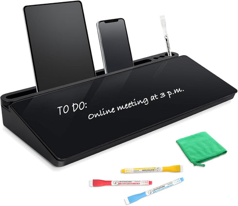 Glass Desk Whiteboard, Small Dry Erase Board with Storage Drawer, Desktop Organizer for Office Accessories, School