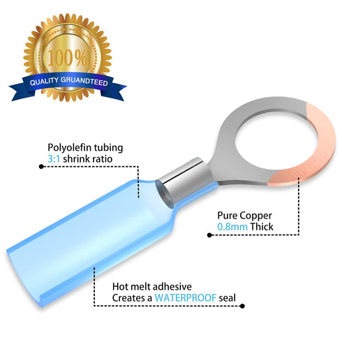 Sanuke 16-14 AWG - 3/8" Heat Shrink Ring Terminals, Tinned-Copper Marine Grade Waterproof Wire Connectors
