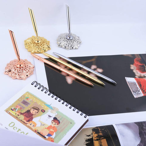 Hollow Round Pen Holder Signing Pen Set for Wedding, Bridal Engagement, Valentine's Day Favors, Silver