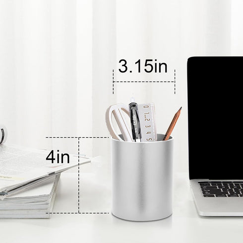 Metal Pen Holder for Desk, Round Aluminum Makeup Brush and Pencil Cup, Organizer for Office, Home, School (Silver)