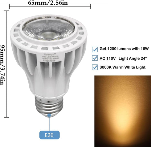 PAR20 LED Bulbs 100W Equivalent 16W, Dimmable 3000K Warm White, 1200LM E26 Medium Base, COB 24 Indoor Flood Light 2-Pack by Rowrun