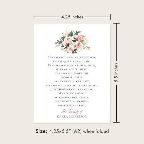 5.5x4.25 Sympathy Acknowledgement Cards with Envelopes, Personalized Funeral Thank You Cards with Poem and Pink Flowers