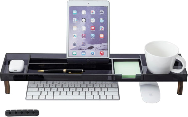 MyGift Modern Desktop Organizer Tray, Premium Translucent Dark Gray Acrylic and Solid Wood Over Keyboard Office Desk