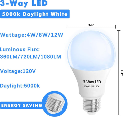 2 Pack 3 Way LED Light Bulbs, 30 70 100 Watt Equivalent, Daylight 5000K A19 E26, Indoor 3-Way Light Bulbs for Reading