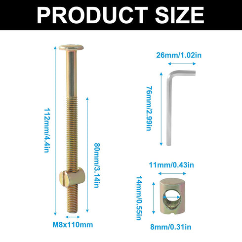 Murtenze 8-Pack M8 110mm 1 X Bunk Bed Bolts Coloured Zinc, Hex Drive Socket Furniture Barrel Screws with Nuts