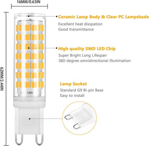 G9 Bulb Dimmable 6W 3000K, T4 G9 Bulbs 120V 530LM, 50W 60W Bulb G9 Bulbs 6 Pack YUIIP LED Warm White Ceramic Bi-pin