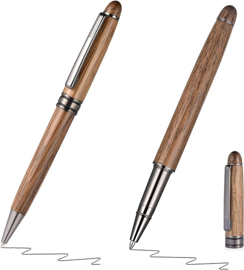 Wood Ballpoint Pen Set - 2 Pack, Fancy Wooden Pens and Rollerball Pen with 4 Extra Ink Refills