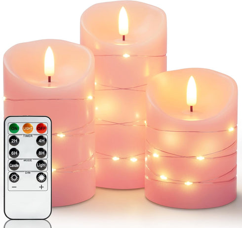 Homemory Flameless Candles with String Lights, 3 Pack Embedded Fairy String Lights