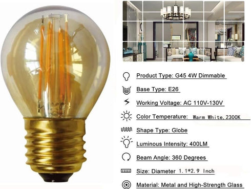 4W G45 Dimmable Bulb G45 Bulbs E26/E27 Light,G14/G45 Shape,E26/E27 Glass,2300K Pack 6 LED Filament LED Vintage Edison