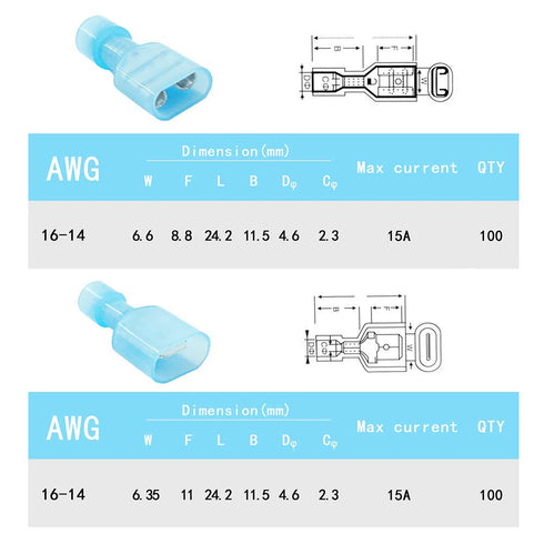 MCIGCIM (200 Pcs) 16-14 Gauge Spade Disconnect Wire Connectors, Fully Insulated Male Female Nylon Quick Crimp Terminals