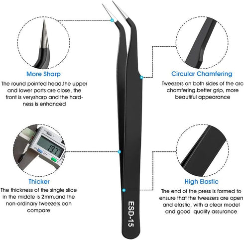 Precision Tweezers Set, 6PCS Anti Static ESD Industrial Tweezers Kit for Electronics Repair, Craft, Laboratory Work