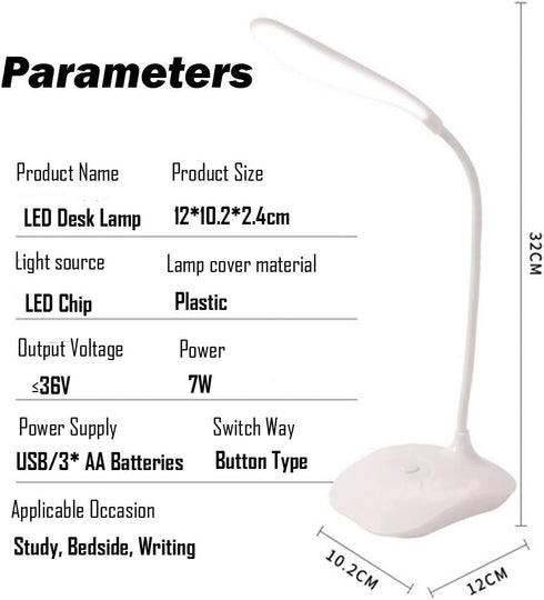 LED Table Lamp, Portable Eye-Protected Flexible Gooseneck Small Desk Light for Dorm, Study, Office - USB or Battery