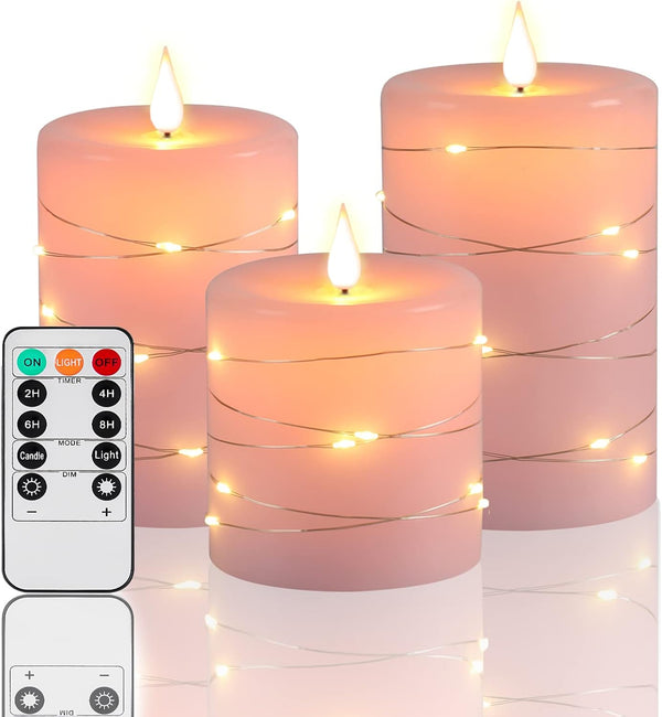 Pink Flameless Candles with String Lights Battery Operated Flickering LED Pillar Candles