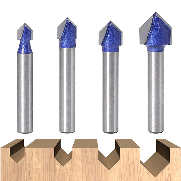 Wolfride 4PCS 90 Degree V Groove Router Bit 1/4-Inch Shank V Cut