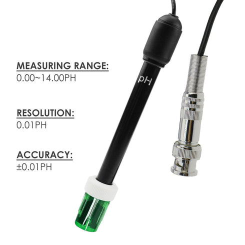 0-14 pH Electrode Probe BNC Connector, 300cm Cable for PH Meter Monitor Controller Test Sensor