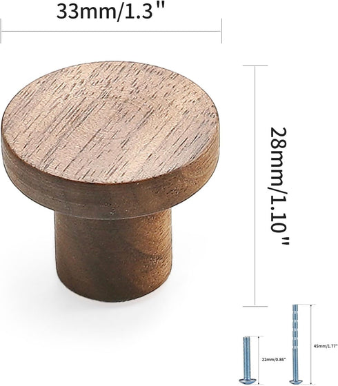 Set 4 of Walnut Wood Round Cabinet Door Handles