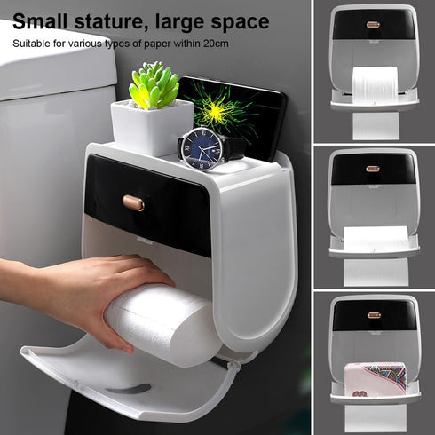 homfanseec Toilet Paper Holder Wall Mount, Self Adhesive Paper Towels Holder with Drawer and Shelf Watertight Tissue